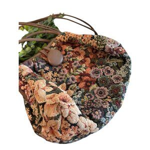 Vintage Floral Tapestry Shoulder Bag With Brown Leather Accents & Strap